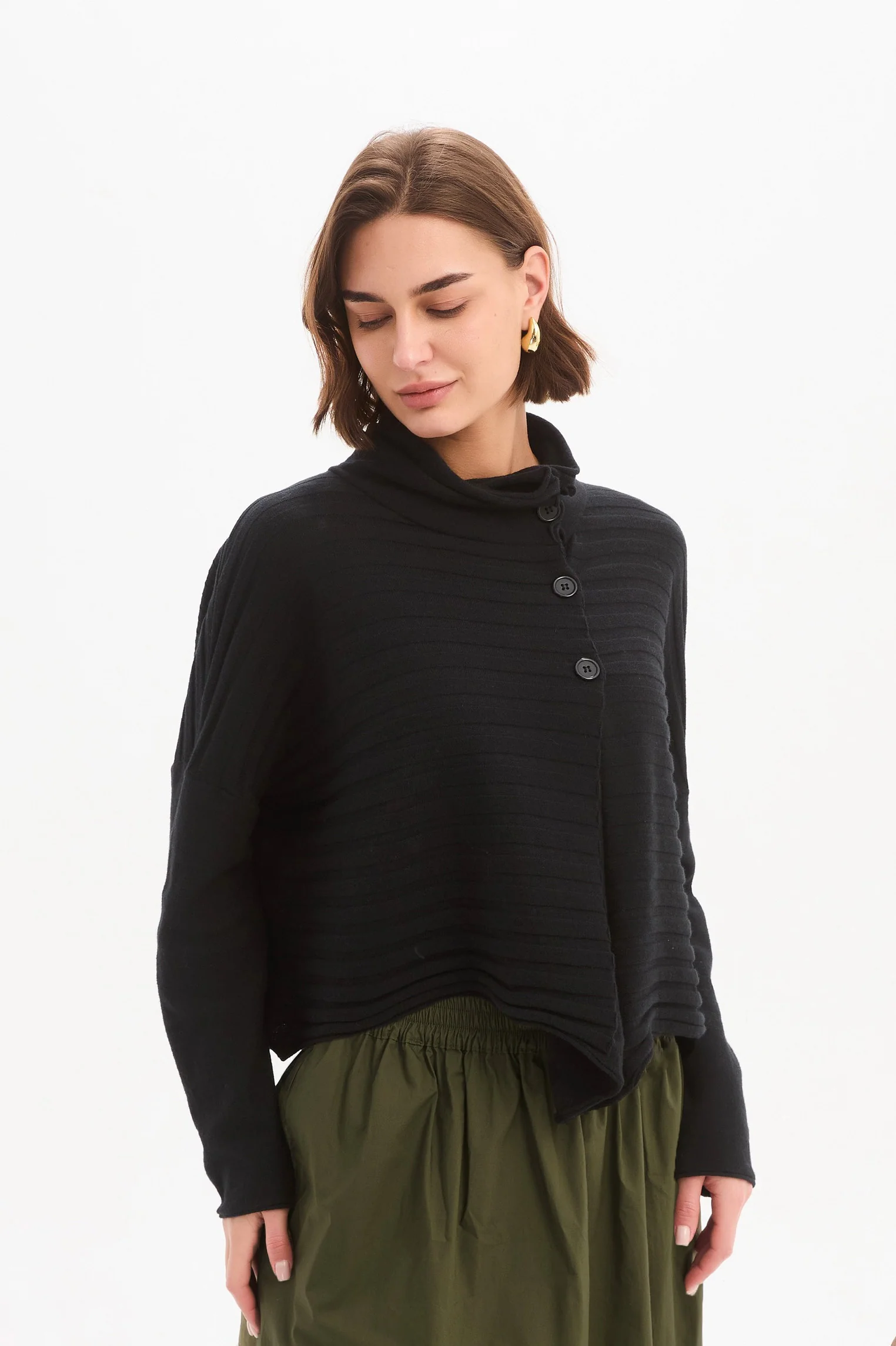 COWL NECK BUTTON KNIT